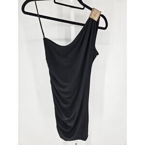 Vtg American City Wear Womens Sz S One Shoulder Mini Dress Black Gold Party
